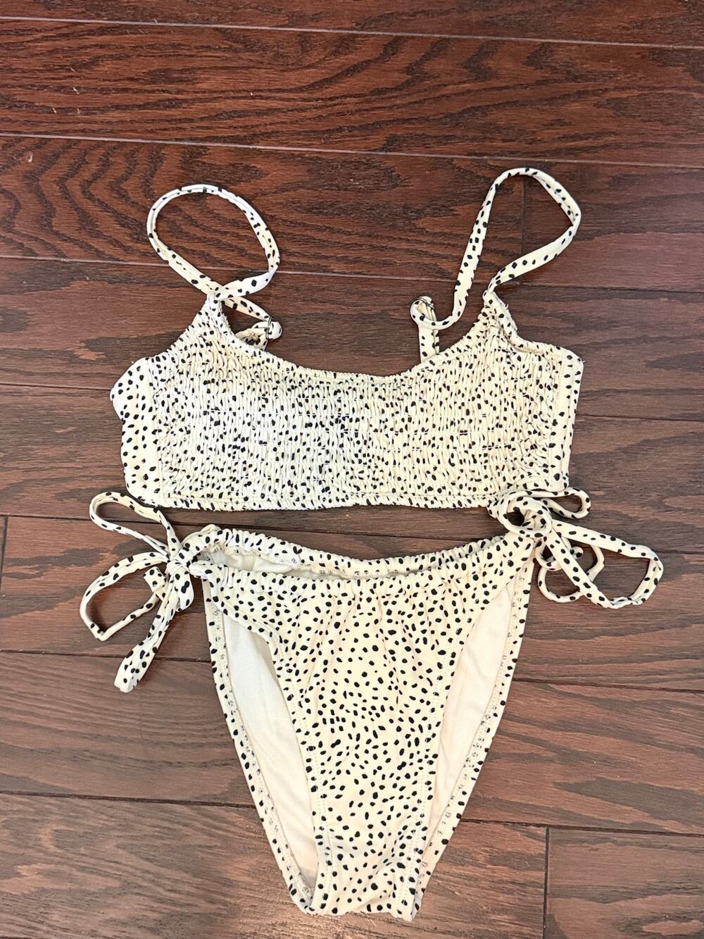Xhilaration Dalmatian Print Smocked Bikini Set Top M Bottom S Cream Black